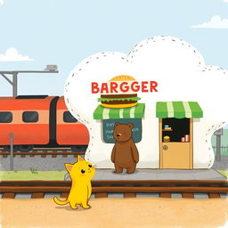 A whimsical scene beside a railway, featuring a cloud-shaped train station with a charming hamburger shop
