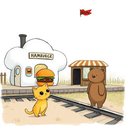 A whimsical scene beside a railway, featuring a cloud-shaped train station with a charming hamburger shop
