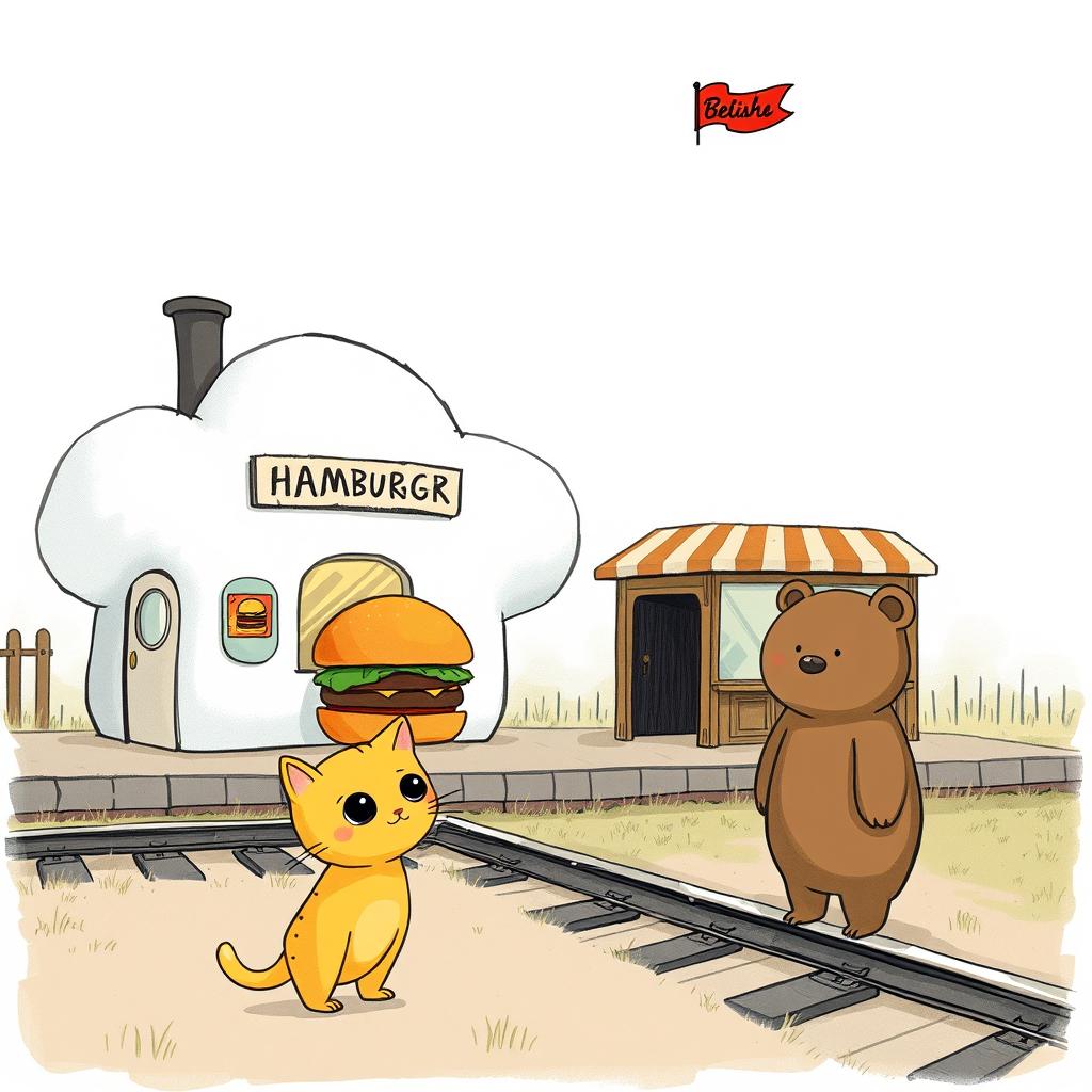 A whimsical scene beside a railway, featuring a cloud-shaped train station with a charming hamburger shop