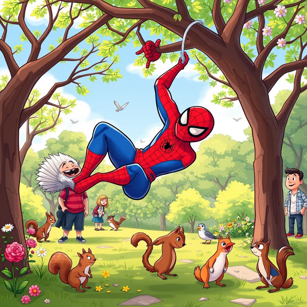 A humorous scene featuring Spider-Man, depicted as a cartoon character with vibrant colors, playfully urinating in a park setting