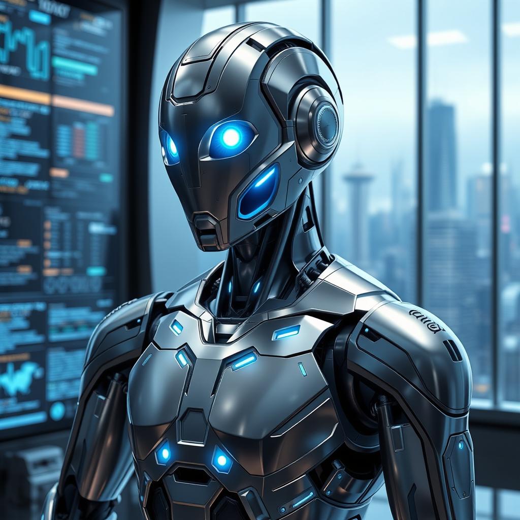 A futuristic advanced robot with sleek metallic features, illuminated circuit lines, and glowing blue eyes, standing confidently in a high-tech environment