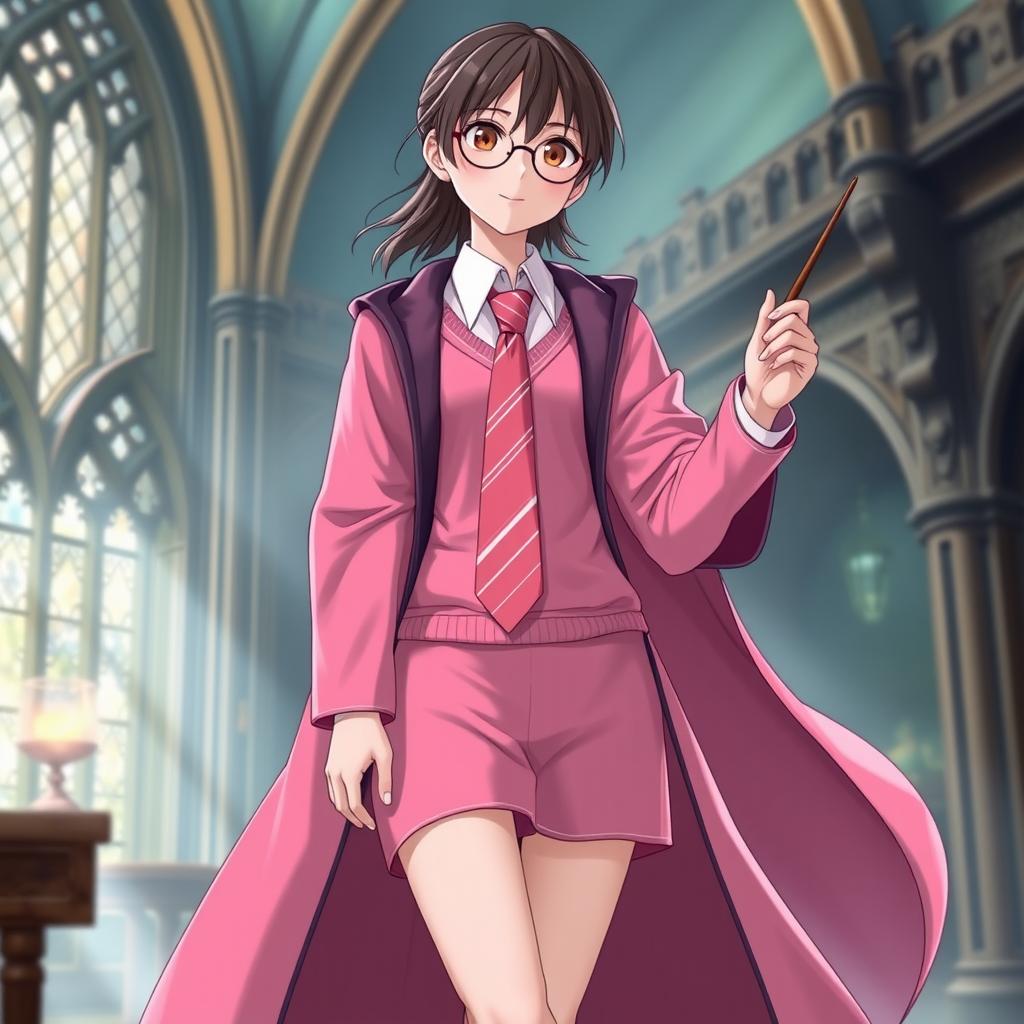 A character named Sejeong wearing a pink Hogwarts uniform, consisting of: a long, flowing pink cape with a darker-toned lining, a striped tie featuring shades of pink and silver, a white shirt underneath the cape, and either a short skirt or pants in a complementary shade of pink