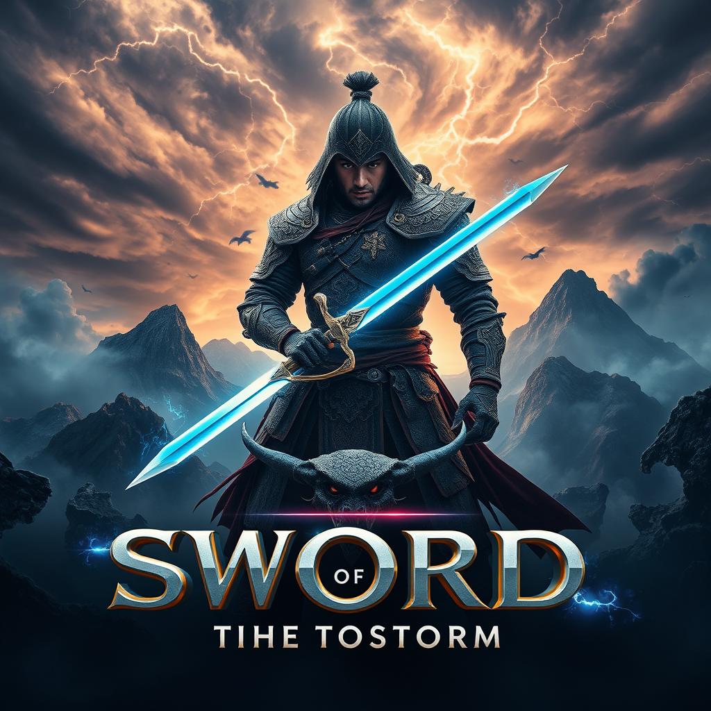 A dramatic movie poster featuring a fierce warrior surrounded by misty mountains, holding a glowing sword