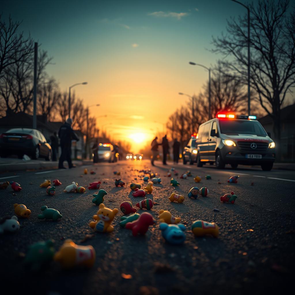 A poignant scene depicting the aftermath of a road accident where a young boy tragically lost his life