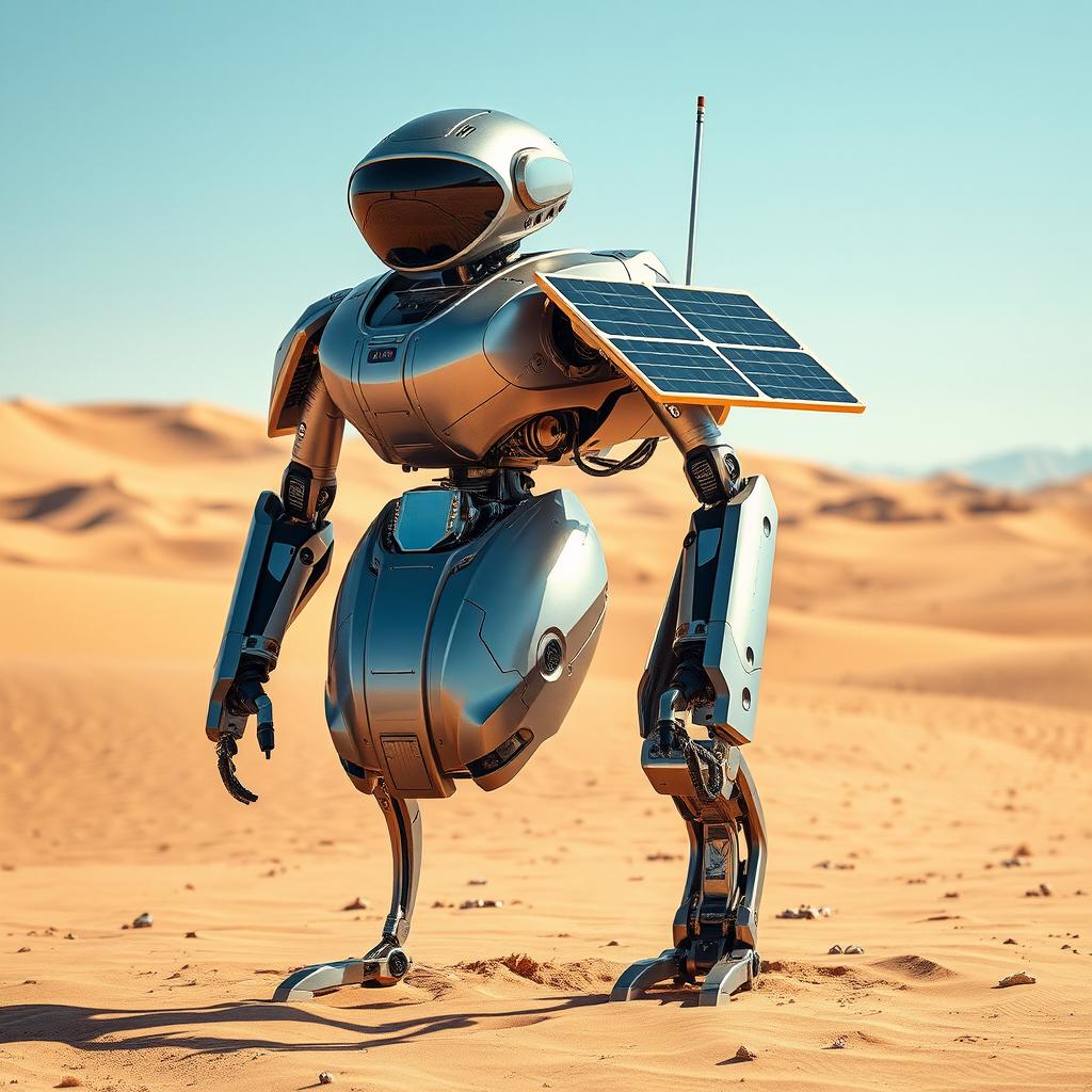 A futuristic, sleek robot designed for a hot desert environment, showcasing advanced technology and intricate features that allow it to thrive in extreme heat