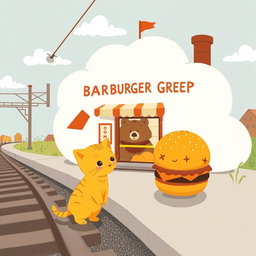 A whimsical scene beside a railway, featuring a cloud-shaped train station that houses a delightful hamburger shop