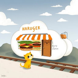 A whimsical scene beside a railway, featuring a cloud-shaped train station that houses a delightful hamburger shop