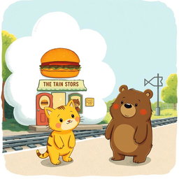 A whimsical scene beside a railway, featuring a cloud-shaped train station that houses a delightful hamburger shop