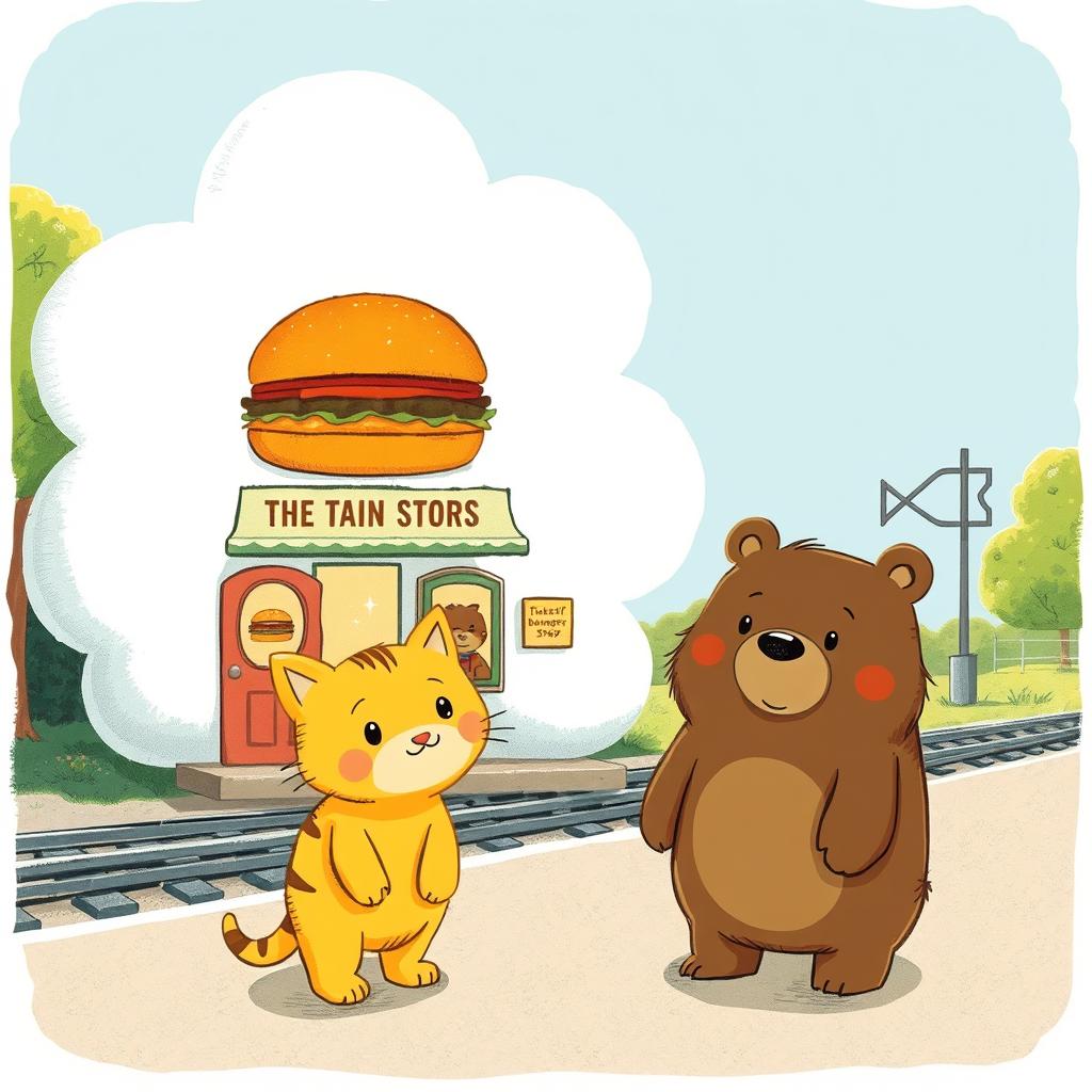 A whimsical scene beside a railway, featuring a cloud-shaped train station that houses a delightful hamburger shop