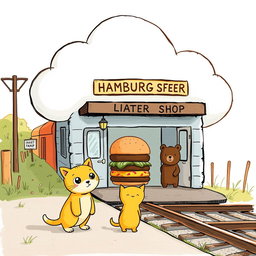 A whimsical scene beside a railway, featuring a cloud-shaped train station that houses a delightful hamburger shop