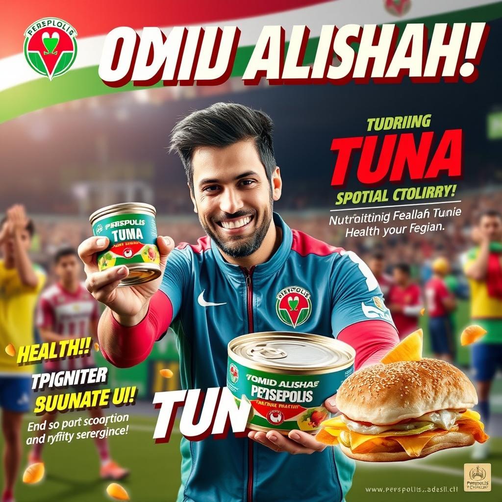 A dynamic advertisement featuring Omid Alishah, a prominent athlete from Persepolis, engaging with a can of tuna fish
