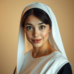 A beautiful 25-year-old woman dressed in a nun's habit, directly facing the camera with a look of surprise on her face
