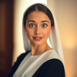A beautiful 25-year-old woman dressed in a nun's habit, directly facing the camera with a look of surprise on her face