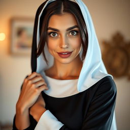 A beautiful 25-year-old woman dressed in a nun's habit, directly facing the camera with a look of surprise on her face