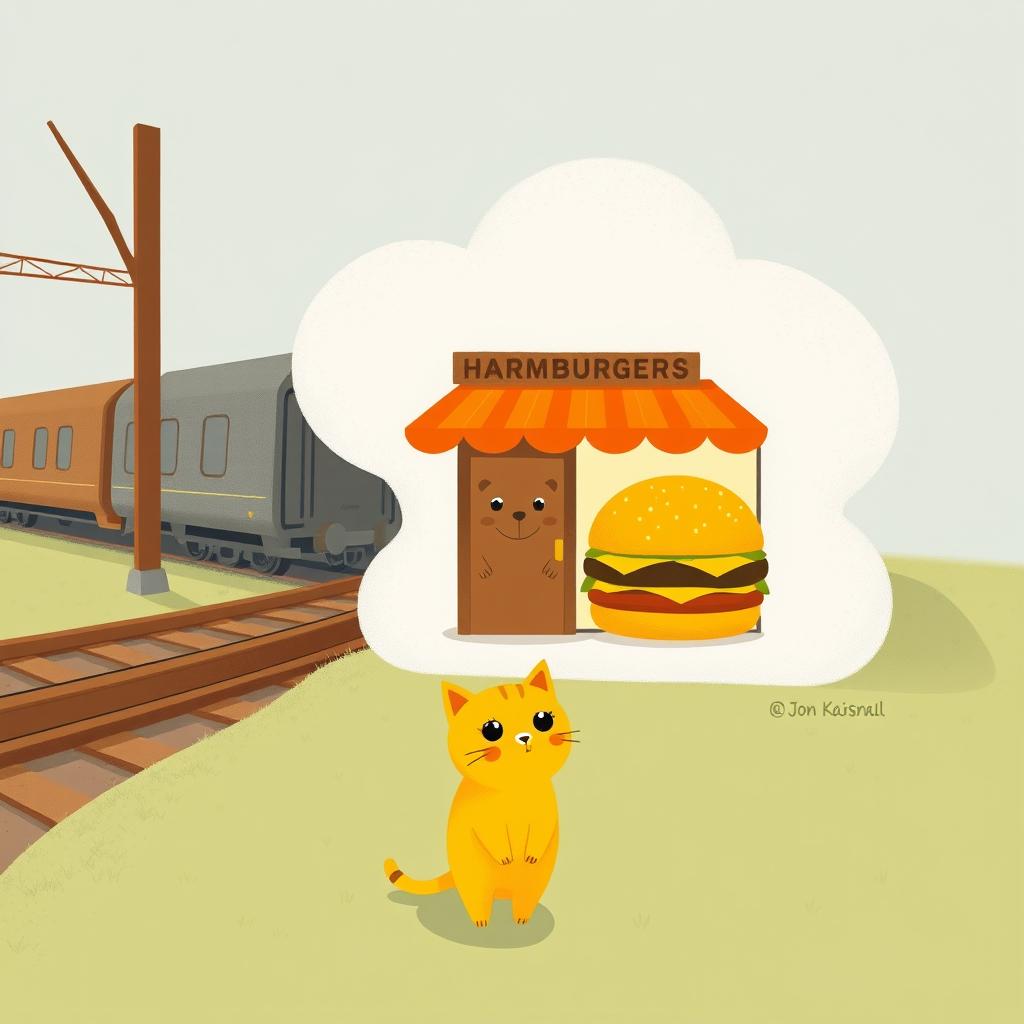 A whimsical scene beside a railway, featuring a cloud-shaped train station that includes a charming hamburger shop