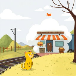 A whimsical scene beside a railway, featuring a cloud-shaped train station that includes a charming hamburger shop