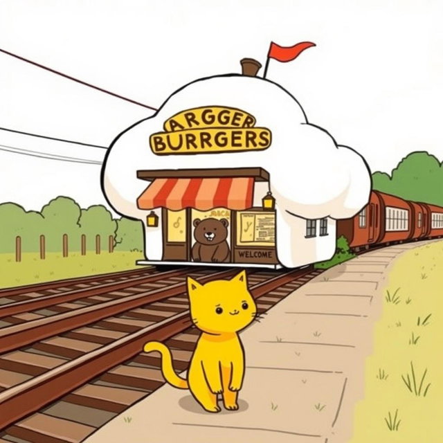 A whimsical scene beside a railway, featuring a cloud-shaped train station that includes a charming hamburger shop