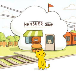 A whimsical scene beside a railway, featuring a cloud-shaped train station that includes a charming hamburger shop
