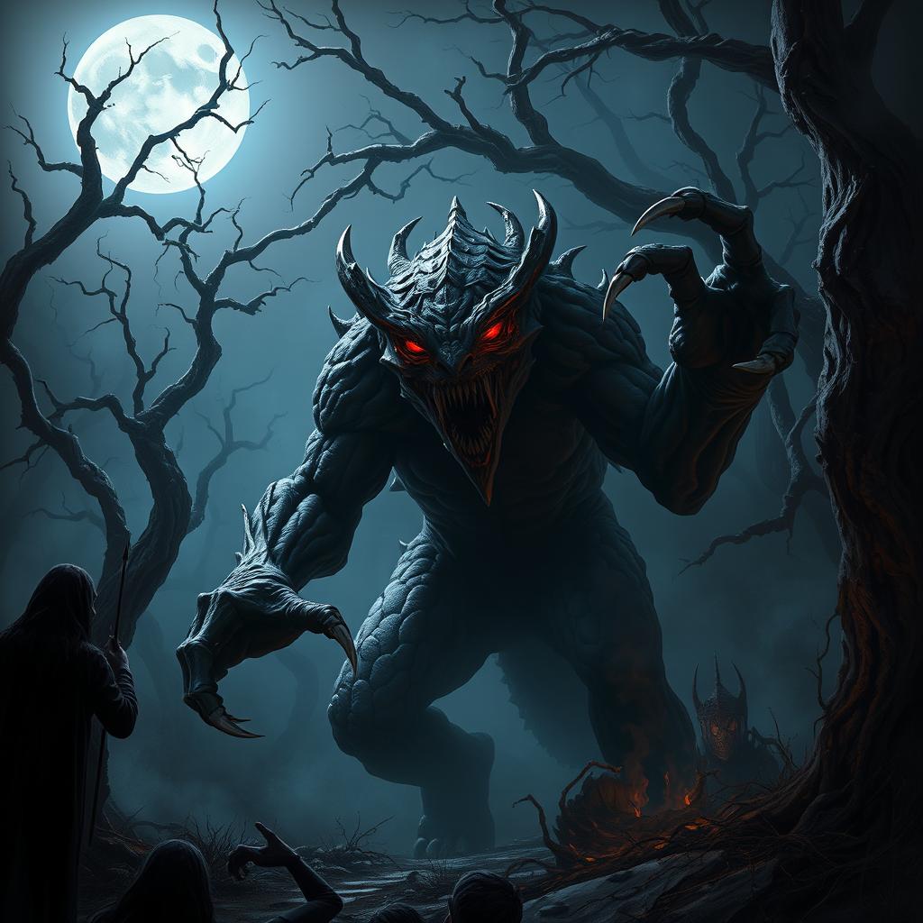 A fierce, evil monster emerging from a dark, misty forest