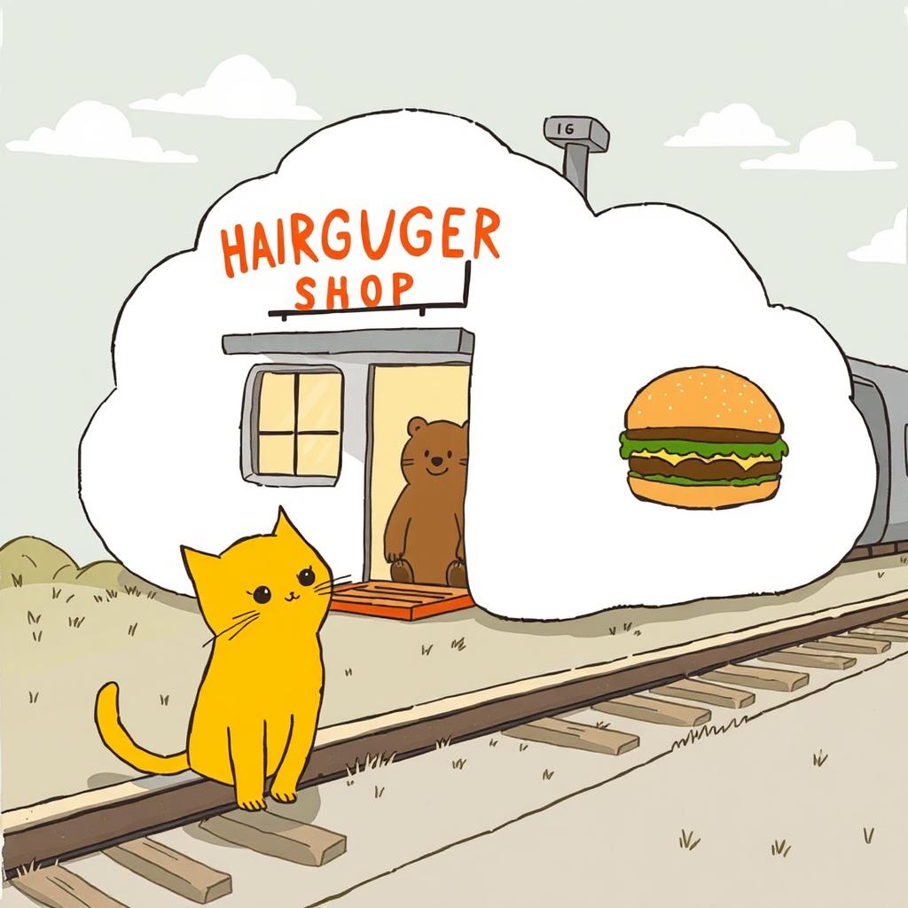 A whimsical scene beside a railway, featuring a cloud-shaped train station that includes a hamburger shop