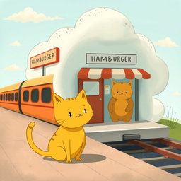 A whimsical scene beside a railway, featuring a cloud-shaped train station that includes a hamburger shop