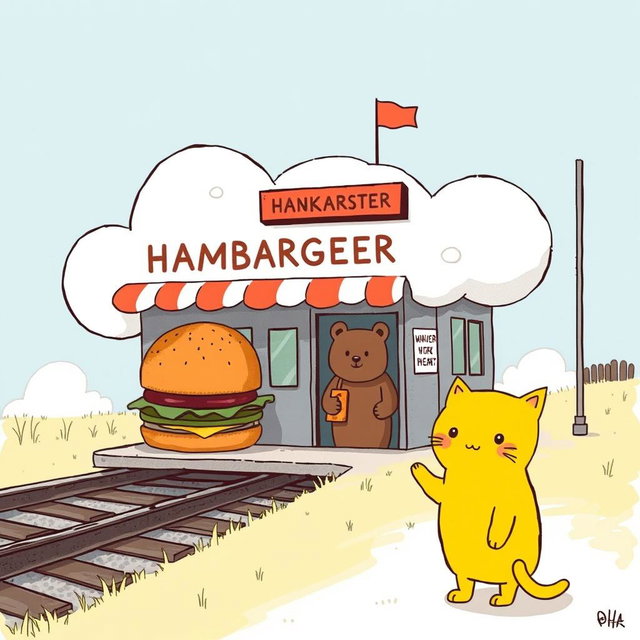 A whimsical scene beside a railway, featuring a cloud-shaped train station that includes a hamburger shop