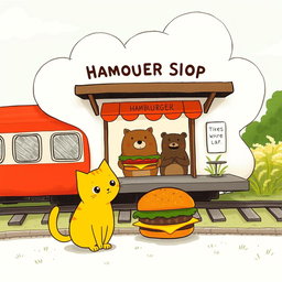 A whimsical scene beside a railway, featuring a cloud-shaped train station that includes a hamburger shop