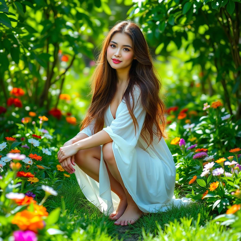A beautiful young woman gracefully squatting in a lush green garden, surrounded by colorful flowers