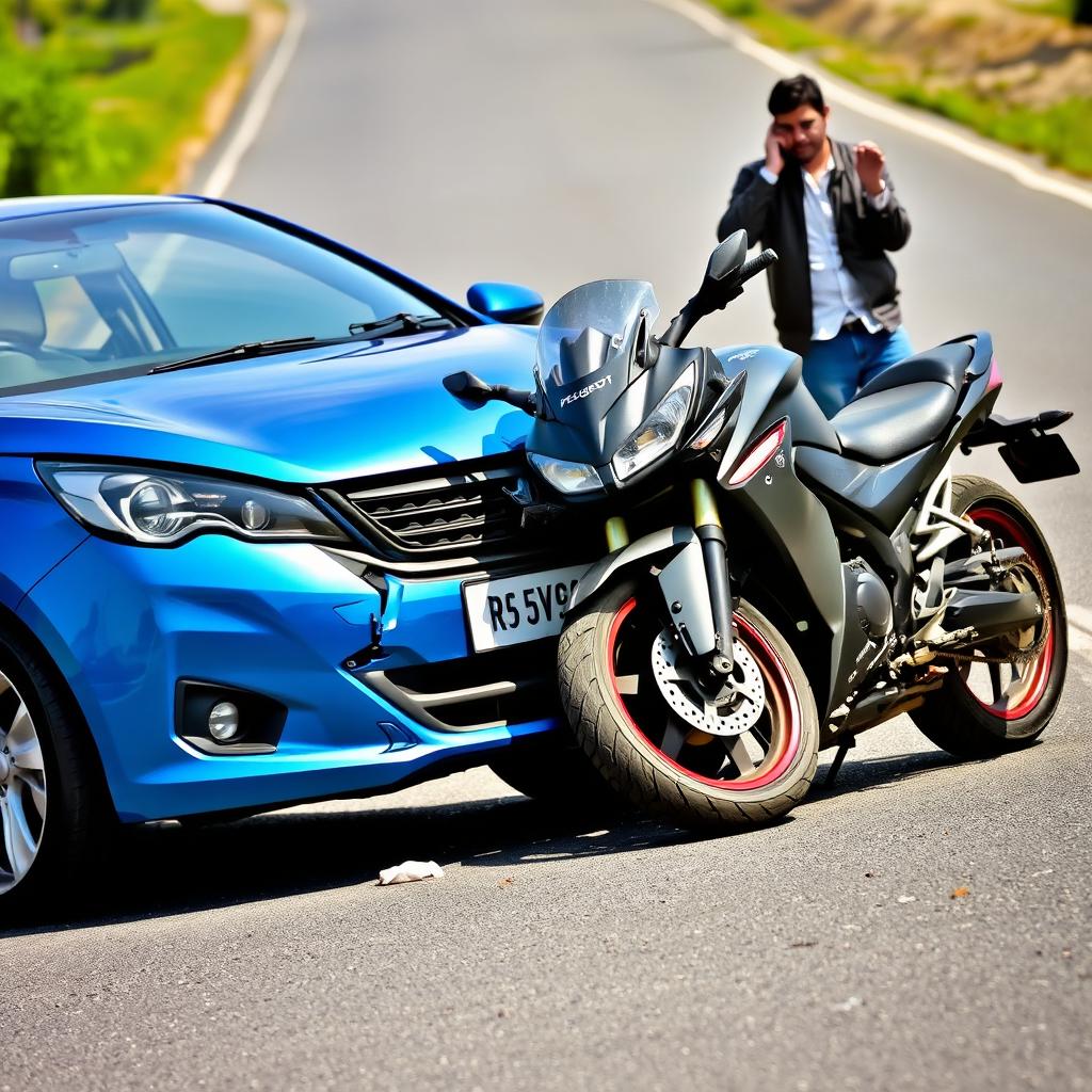 An accident scene depicting a motorcycle colliding with a Peugeot Pride car on a road
