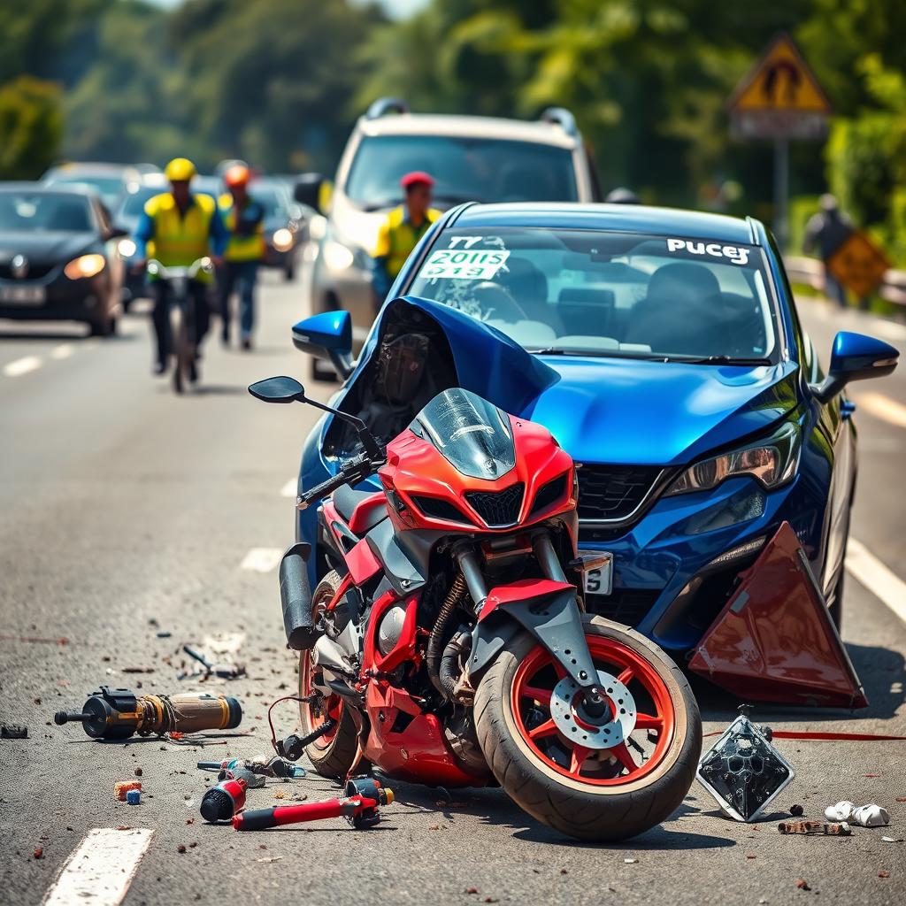 A dramatic and dangerous accident scene showing a motorcycle crashed into a Peugeot Pride car on a busy road