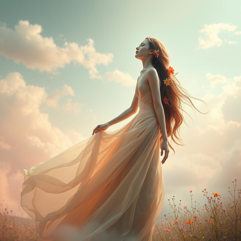 A surreal artwork depicting a woman without a head, gracefully posed in an ethereal landscape