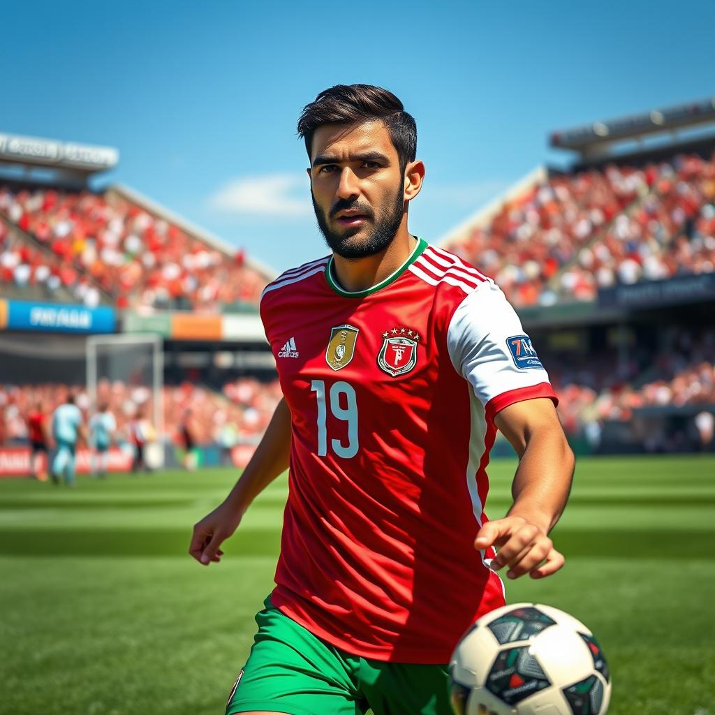 A portrait of Saeed Ezatollahi, an Iranian professional football player, captured during a vibrant match