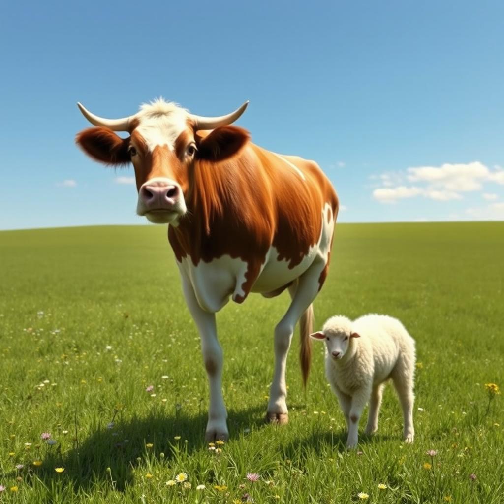 A surreal image depicting a unique creature that is a combination of a cow, a human, and a sheep