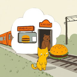 A whimsical scene beside a railway, featuring a cloud-shaped train station that contains a hamburger shop