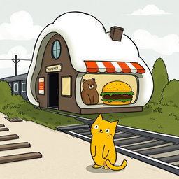 A whimsical scene beside a railway, featuring a cloud-shaped train station that contains a hamburger shop