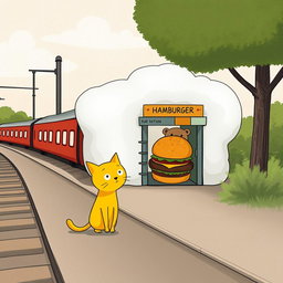 A whimsical scene beside a railway, featuring a cloud-shaped train station that contains a hamburger shop