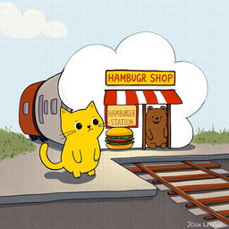 A whimsical scene beside a railway, featuring a cloud-shaped train station that contains a hamburger shop