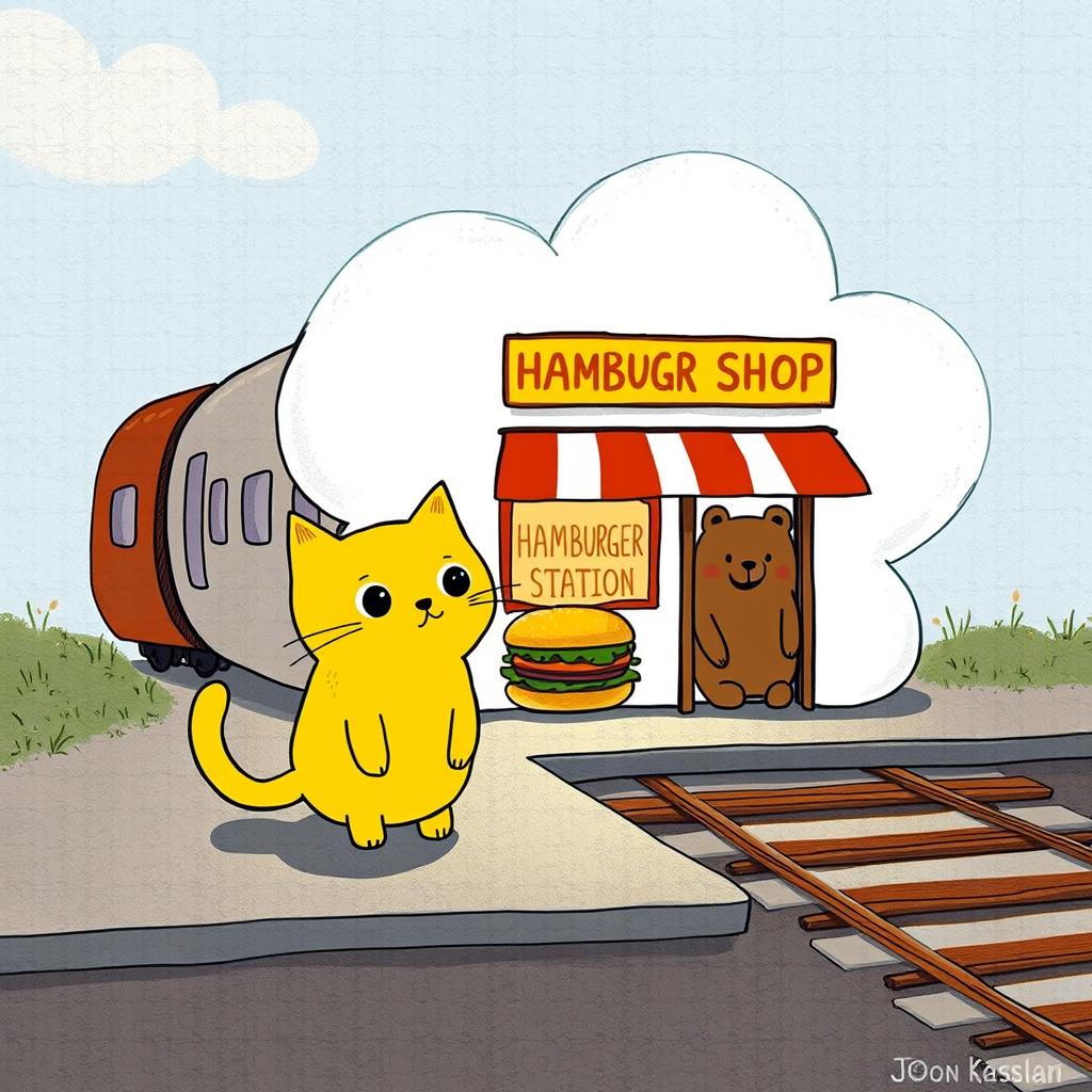 A whimsical scene beside a railway, featuring a cloud-shaped train station that contains a hamburger shop