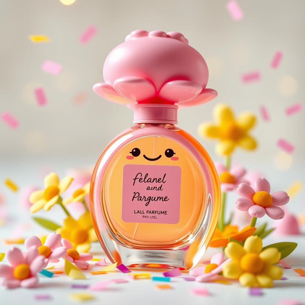 A cute and whimsical perfume bottle designed for teenagers, featuring a delightful shape inspired by a charming character, such as a playful animal or a smiling fruit