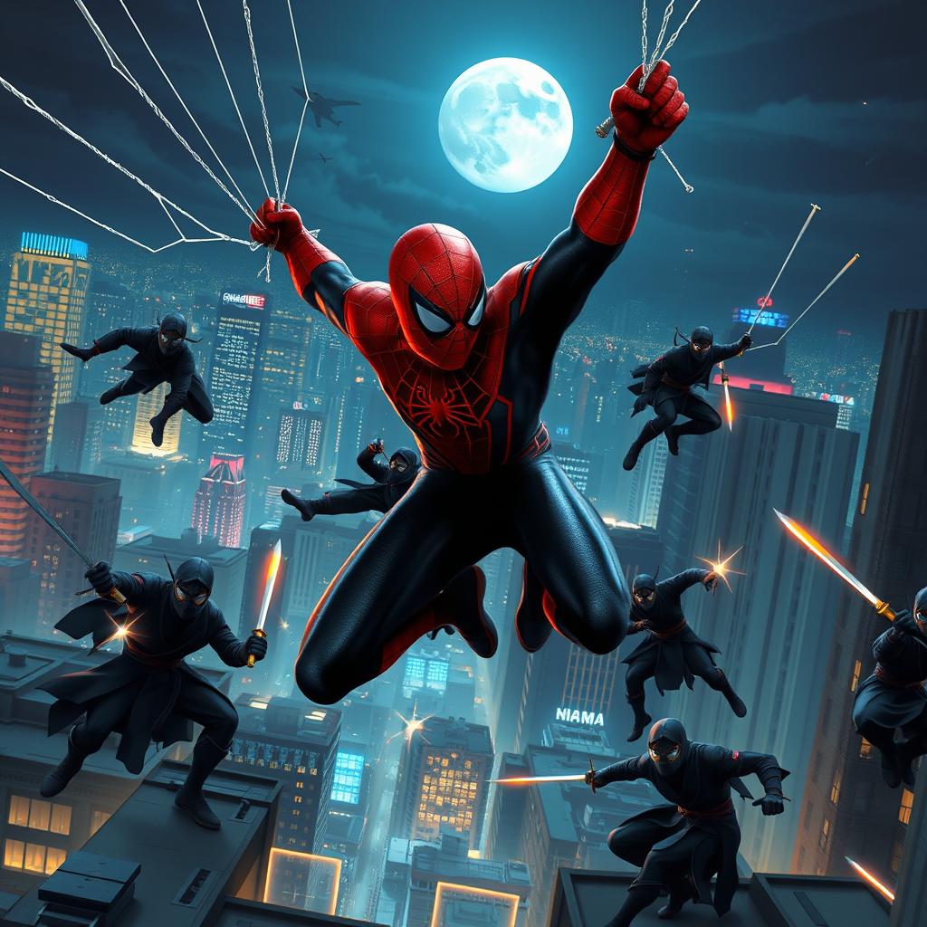 An epic ninja battle scene featuring Spider-Man swinging through a city rooftop at night, showcasing the dynamic movement of webs and ninja stars flying in the air