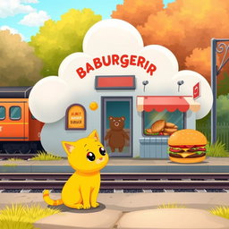 A charming scene by the railroad featuring a cloud-shaped train station with a delightful hamburger shop