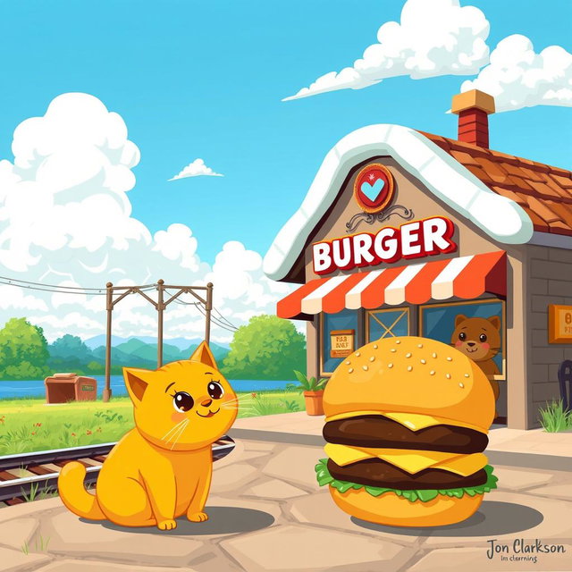 A charming scene by the railroad featuring a cloud-shaped train station with a delightful hamburger shop
