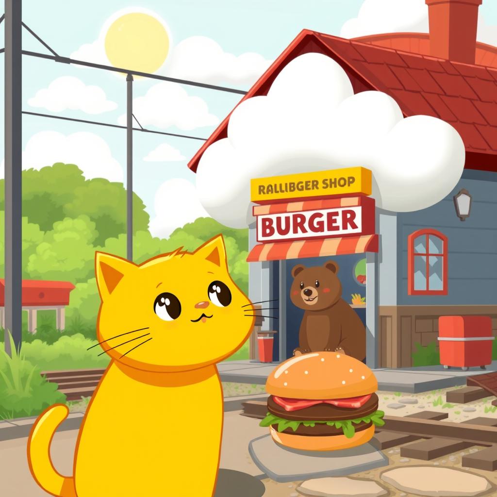 A charming scene by the railroad featuring a cloud-shaped train station with a delightful hamburger shop