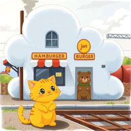 A charming scene by the railroad featuring a cloud-shaped train station with a delightful hamburger shop