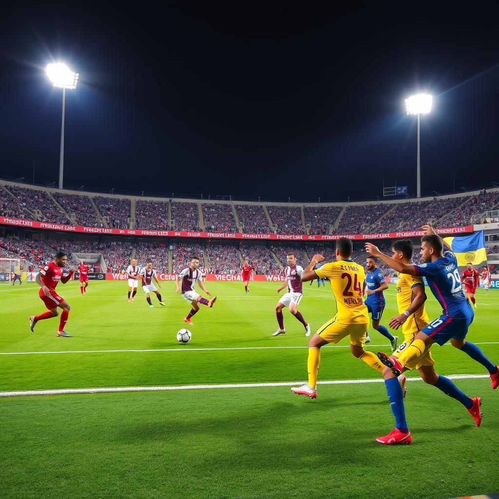 A thrilling football match between Al Ain and Fenerbahçe at a vibrant stadium under dazzling floodlights
