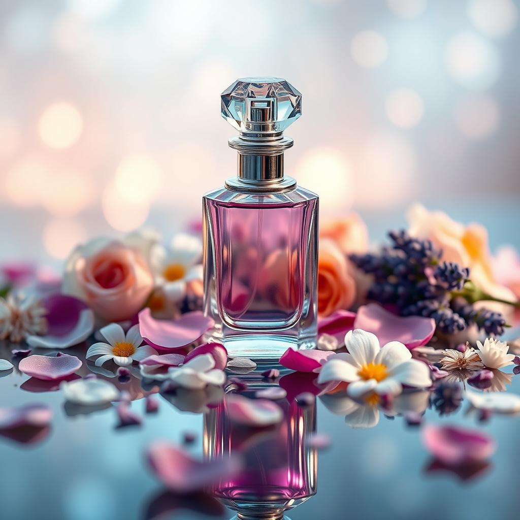 A beautifully designed perfume bottle sitting on a reflective surface, surrounded by delicate petals of various flowers such as roses, jasmine, and lavender