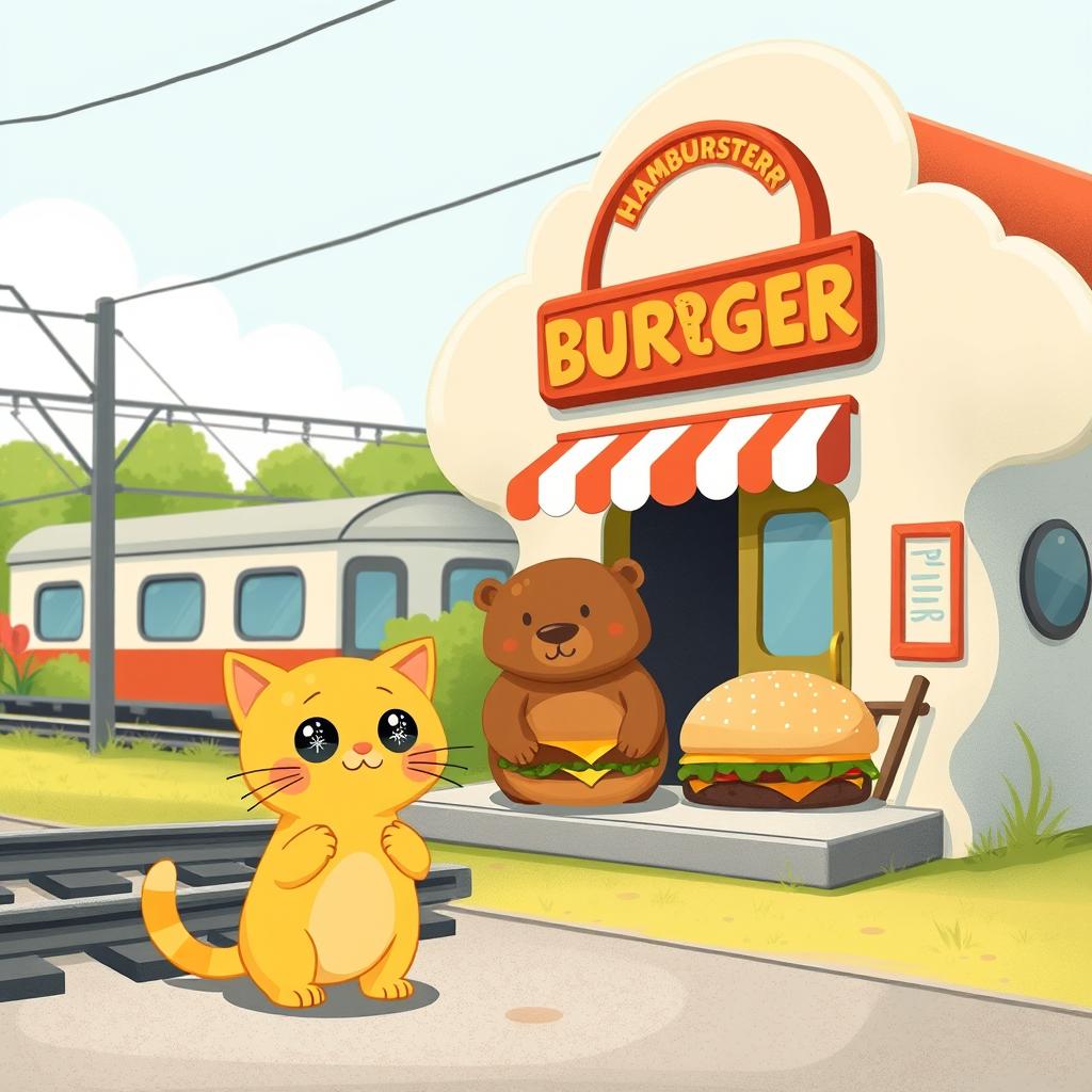 A charming scene by the railroad featuring a whimsical cloud-shaped train station with a delightful hamburger shop