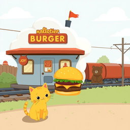 A charming scene by the railroad featuring a whimsical cloud-shaped train station with a delightful hamburger shop