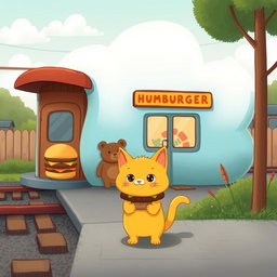 A charming scene by the railroad featuring a whimsical cloud-shaped train station with a delightful hamburger shop