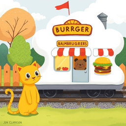 A charming scene by the railroad featuring a whimsical cloud-shaped train station with a delightful hamburger shop